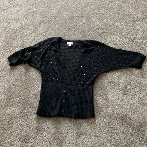 LOFT Black Sequin Embellished Cardigan V-Neck Button Front SIZE S